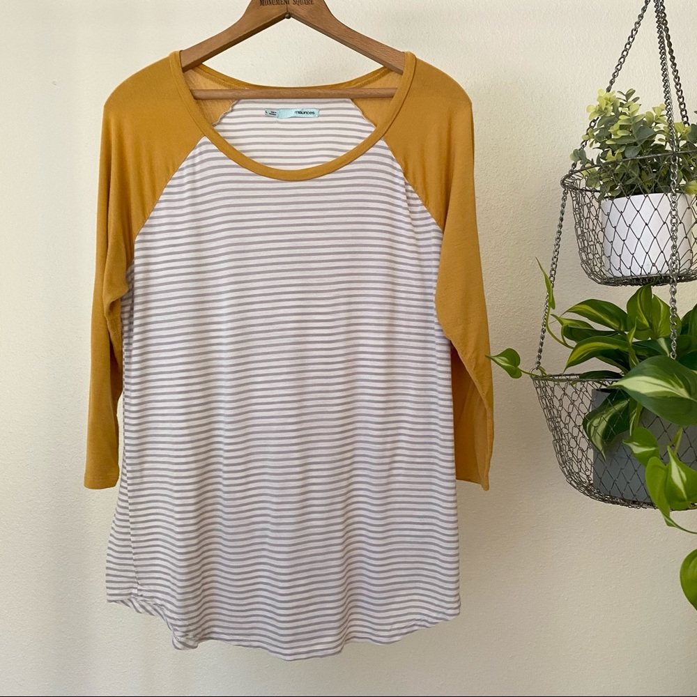 Maurices Striped w/Mustard Sleeves Baseball Tee